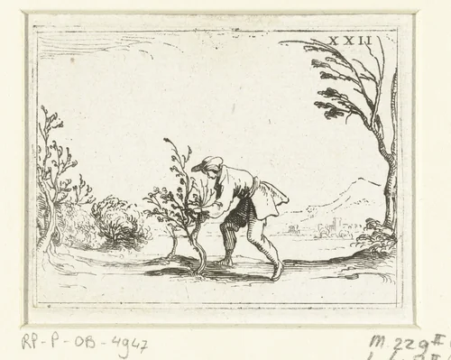 Een man snoeit een boompje by Jacques Callot, print, 1625-1629