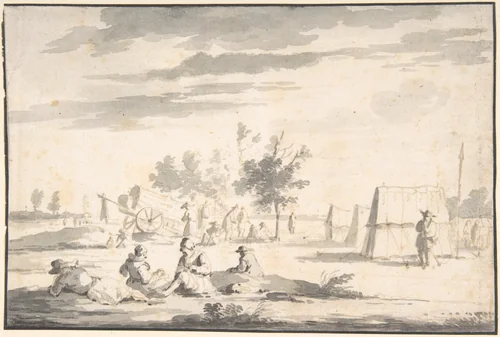 Landscape with Figures and Camp Site by Josua de Grave, drawing, 1655-1712
