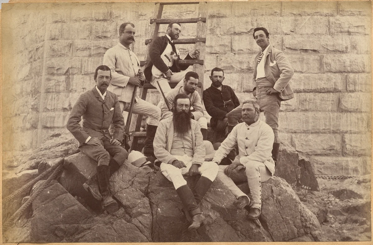 Managing staff of Meprs. Glover & Co. at Sindh Bridge (recto, top) by Raja Deen Dayal, photograph, 1877-1892