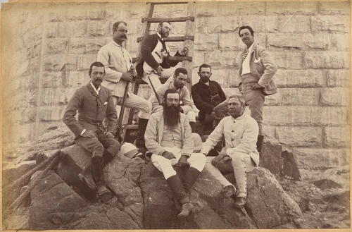 Managing staff of Meprs. Glover & Co. at Sindh Bridge (recto, top) by Raja Deen Dayal, photograph, 1877-1892