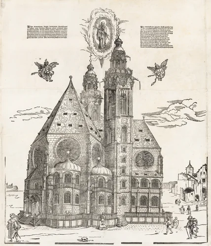 The New Church of the Beautiful Virgin at Regensburg by Michael Ostendorfer, print, 1490-1559