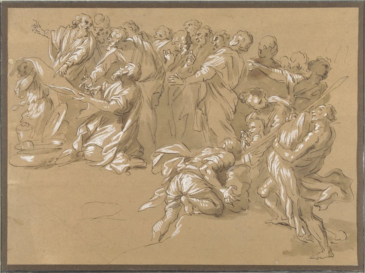 Het vinden van de beker in Benjamins zak (?) by Giacinto Gimignani, drawing, 1621-1681