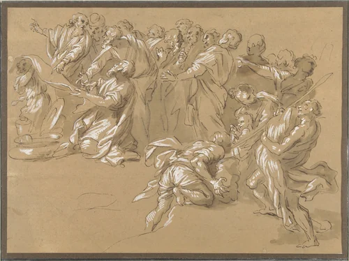 Het vinden van de beker in Benjamins zak (?) by Giacinto Gimignani, drawing, 1621-1681