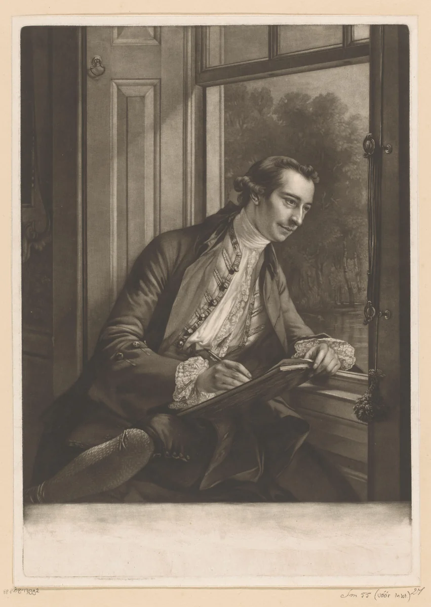 Portret van Paul Sandby, tekenend aan het venster by Edward Fisher, print, 1763