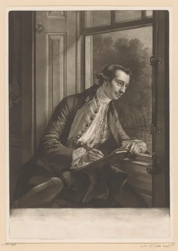 Portret van Paul Sandby, tekenend aan het venster by Edward Fisher, print, 1763