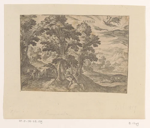 April: ploegen en zaaien (stier) by Antonio Tempesta, print, 1575-1613