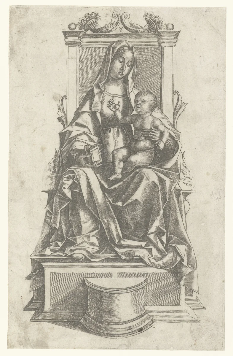 Maria met kind zittend op een troon by Girolamo Mocetto, print, 1470-1531