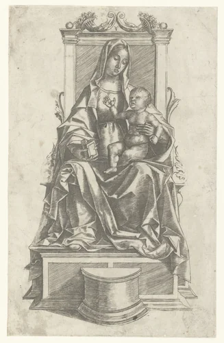Maria met kind zittend op een troon by Girolamo Mocetto, print, 1470-1531