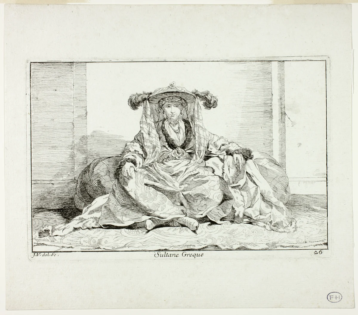 Sultane Grecque, plate 26, from Caravanne du Sultan à la Mecque by Joseph-Marie Vien, print, 1748