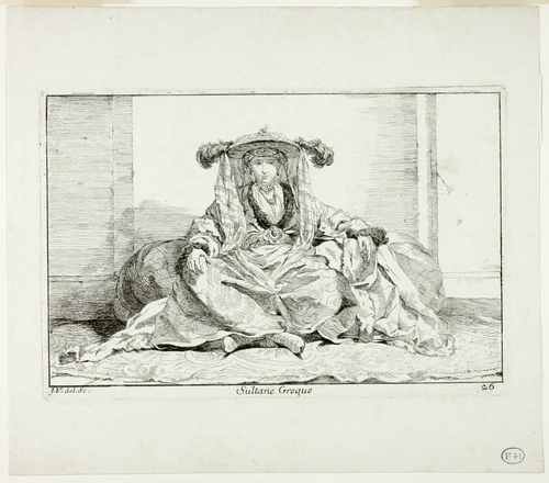 Sultane Grecque, plate 26, from Caravanne du Sultan à la Mecque by Joseph-Marie Vien, print, 1748