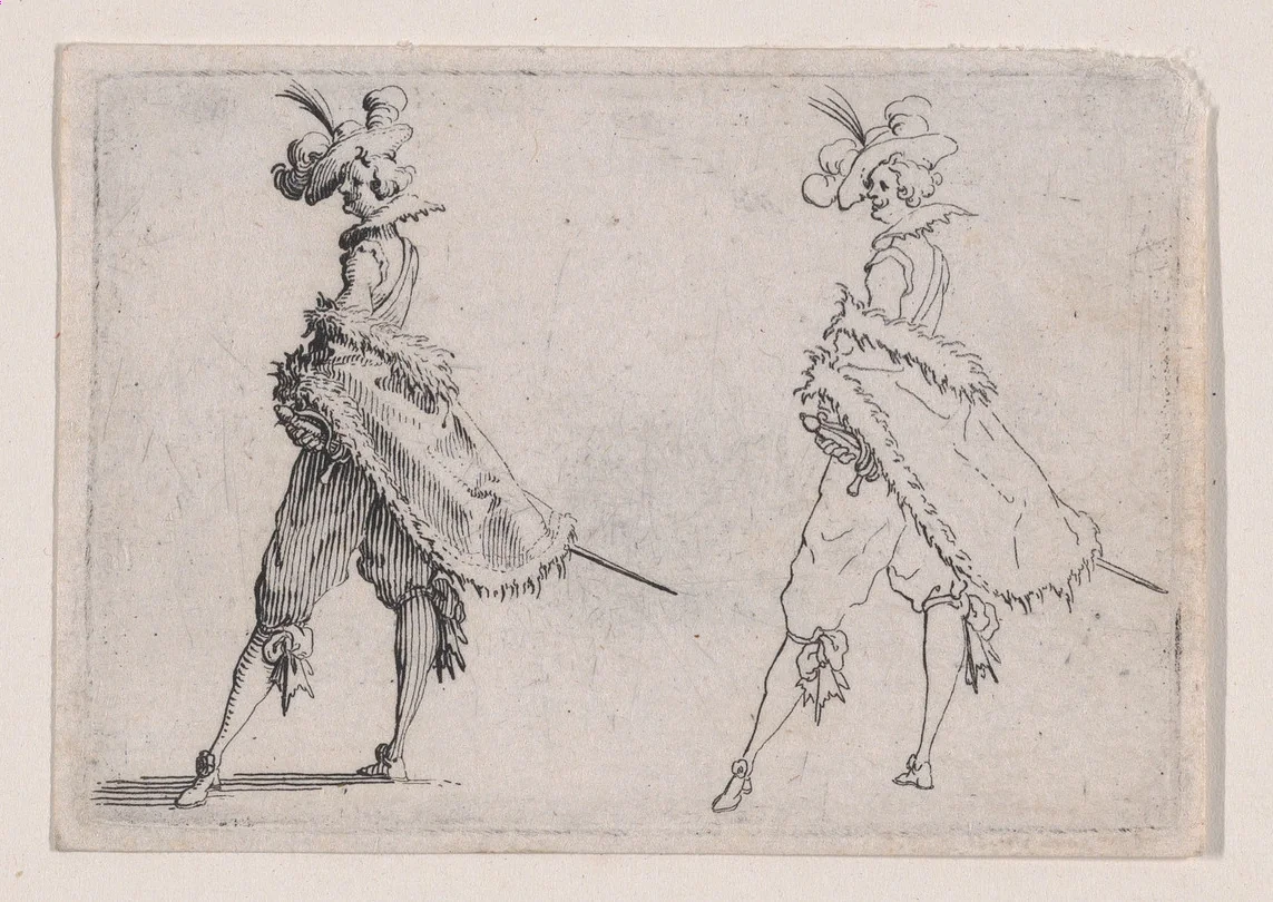 Le Gentilhomme au Manteau Posé sur la Hanche (Gentleman with his Mantle on his Hip), from Les Caprices Series A, The Florence Set by Jacques Callot, print, 1617