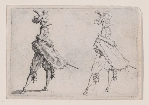Le Gentilhomme au Manteau Posé sur la Hanche (Gentleman with his Mantle on his Hip), from Les Caprices Series A, The Florence Set by Jacques Callot, print, 1617