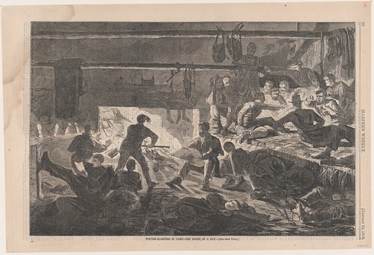 Winter Quarters in Camp – The Inside of a Hut (from "Harper's Weekly," Vol. VII) by Winslow Homer, print, 1863