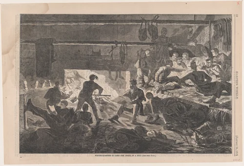 Winter Quarters in Camp – The Inside of a Hut (from "Harper's Weekly," Vol. VII) by Winslow Homer, print, 1863