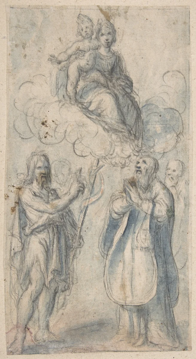 The Virgin and Child with Saint John the Baptist, Pope Saint Dionysius, Filippo Neri and a Male Saint by Baccio Ciarpi, drawing, 1615-1625