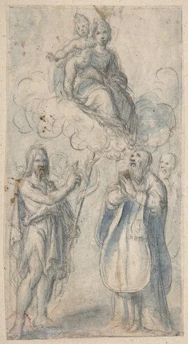 The Virgin and Child with Saint John the Baptist, Pope Saint Dionysius, Filippo Neri and a Male Saint by Baccio Ciarpi, drawing, 1615-1625