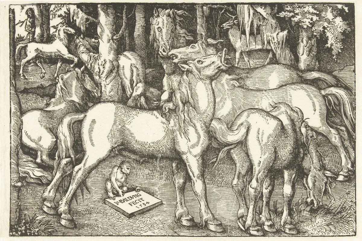 Groep van zeven paarden en een aap by Unknown, print, 1534