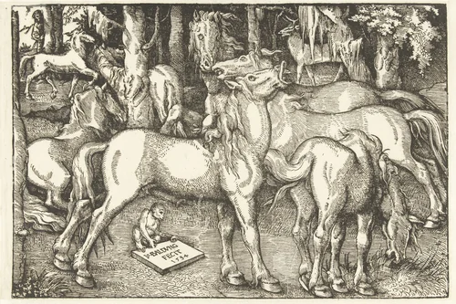 Groep van zeven paarden en een aap by Unknown, print, 1534
