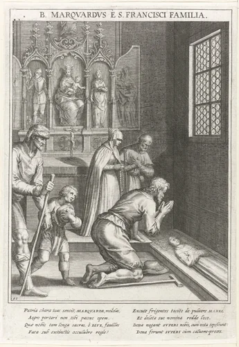 Aanbidding van het graf van de zalige Markward Weissmaler by Raphaël Sadeler, print, 1615