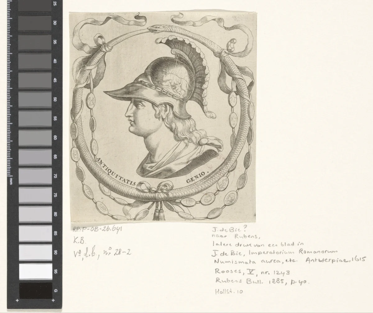 Mannenkop met helm gedecoreerd, met Romulus en Remus by Jacques de Bie, print, 1591-1615