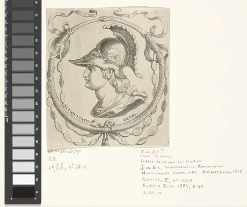 Mannenkop met helm gedecoreerd, met Romulus en Remus by Jacques de Bie, print, 1591-1615