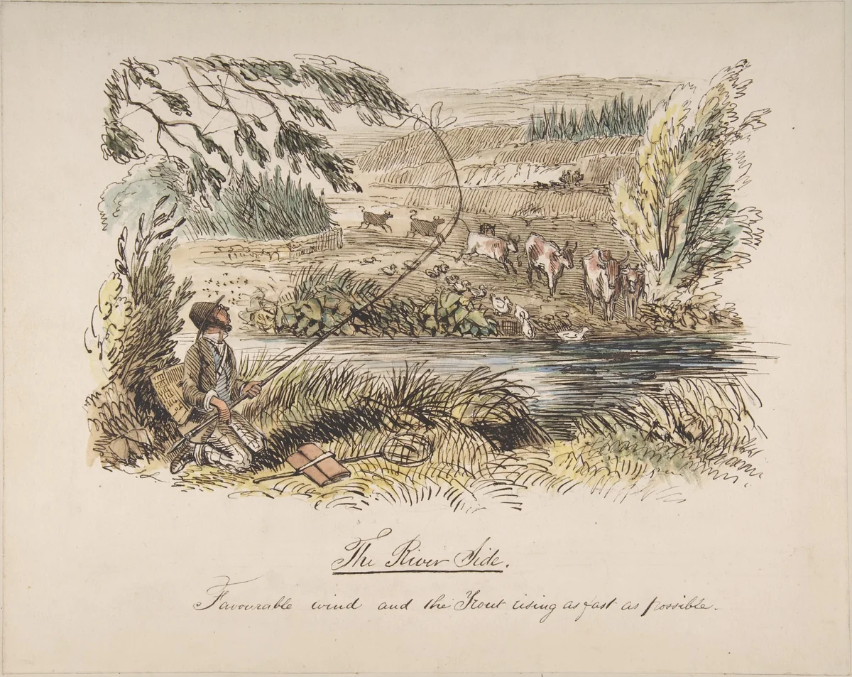 "The Riverside, Favourable Wind and the Trout Rising as Fast as Possible" by John Leech, drawing, 1830-1864