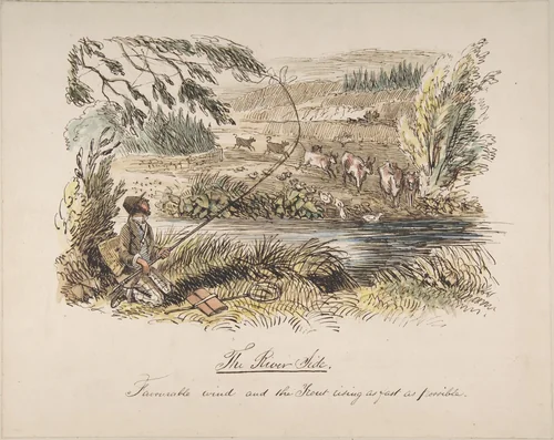 "The Riverside, Favourable Wind and the Trout Rising as Fast as Possible" by John Leech, drawing, 1830-1864