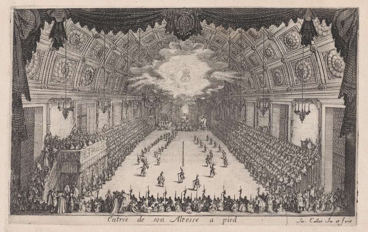 La Défilé a Pied (The Parade on Foot), from Le Combat a la Barrière in the Palace at Nancy by Henri Humbert, printed by Sebastien Phillipe by Jacques Callot, print, 1627