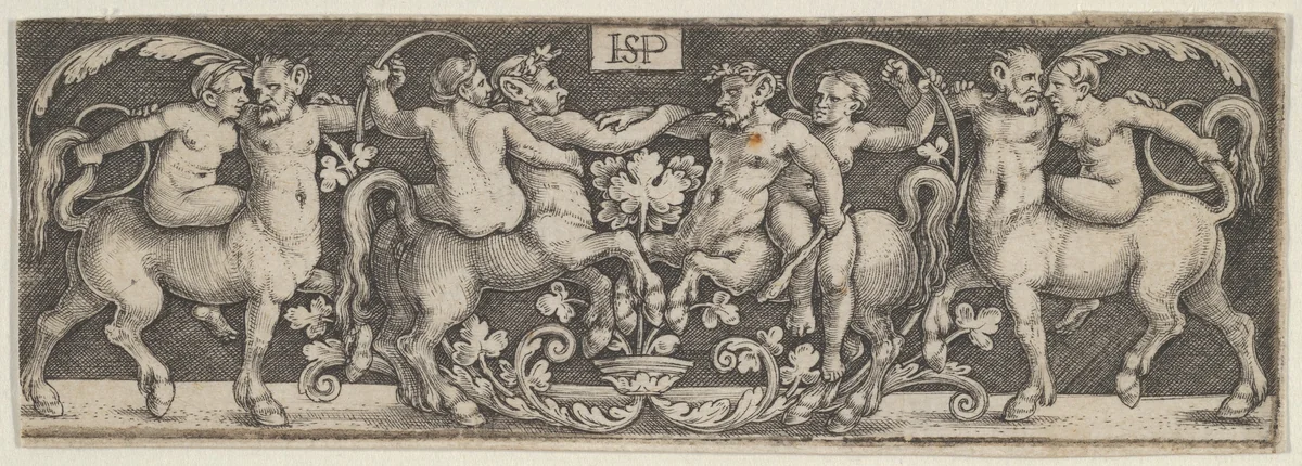 Frieze with Centaurs Fighting at Center with Human Riders by Sebald Beham, print, 1500-1550
