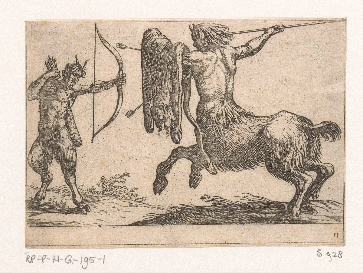 Een centaur een sater aanvallend by Antonio Tempesta, print, 1600