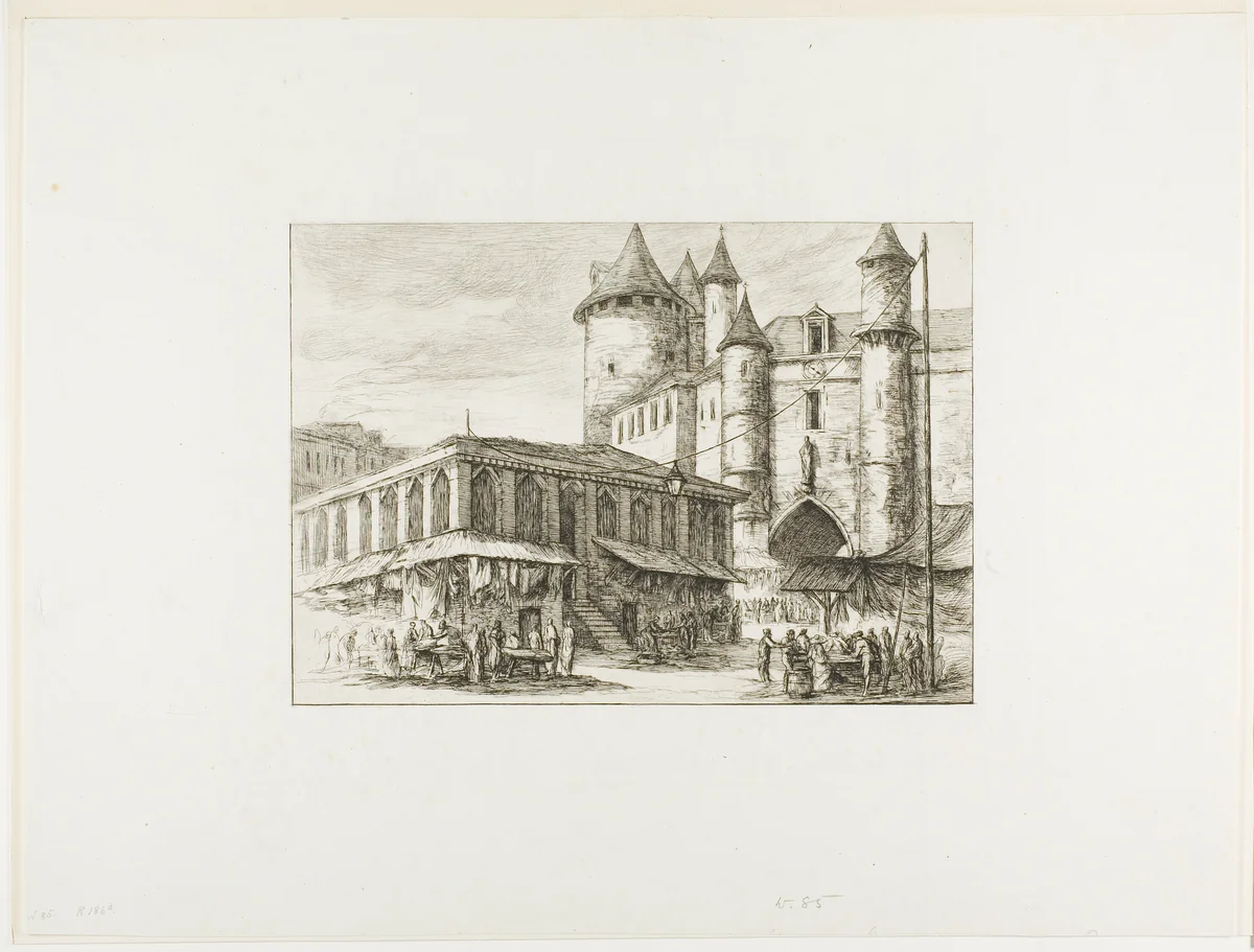 The Grand Châtelet, Paris, c. 1780, after an earlier drawing by Charles Meryon, print, 1861