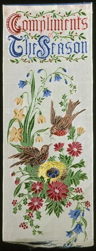 Commemmorative Ribbon "Compliments of the Season" by Thomas Stevens, textile, 1801-1900