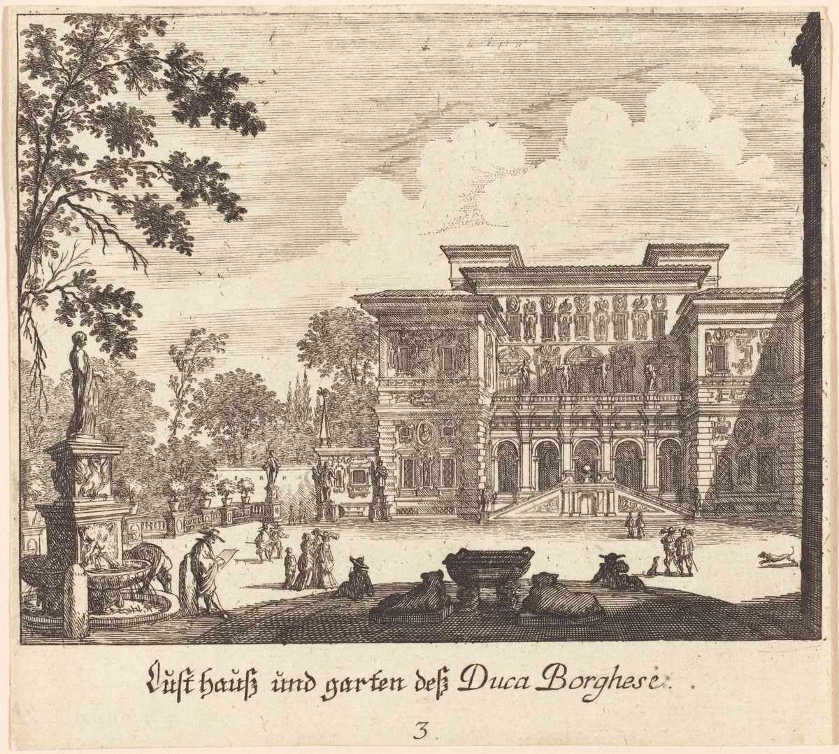 Borghese Palace and Gardens by Melchior Küsel; Johann Wilhelm Baur, print, 1681