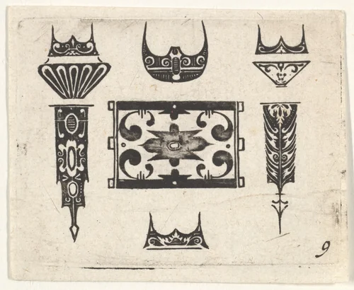 Blackwork Print with Nine Motifs by Claes Jansz Visscher, print, 1600-1620