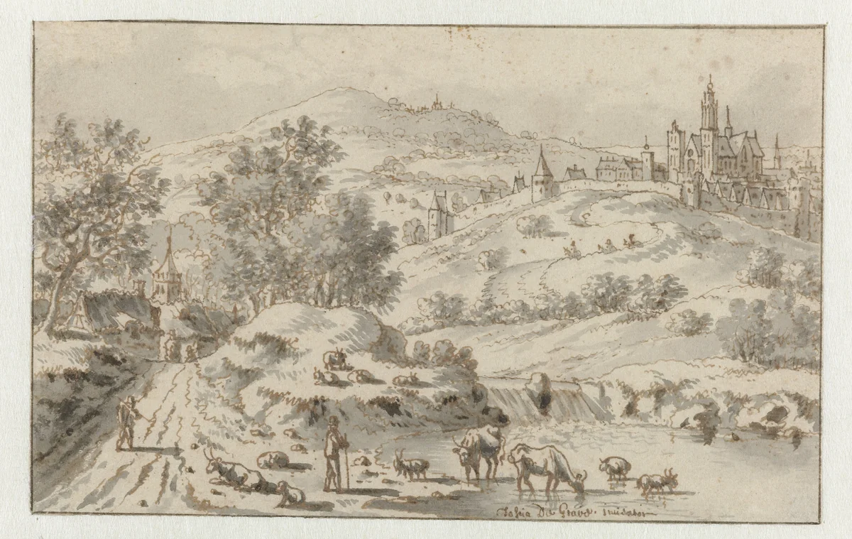 Mountainous Landscape with a Town on a Hill by Josua de Grave, drawing, 1676-1725