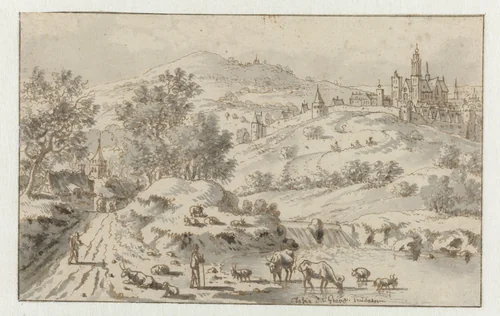 Mountainous Landscape with a Town on a Hill by Josua de Grave, drawing, 1676-1725