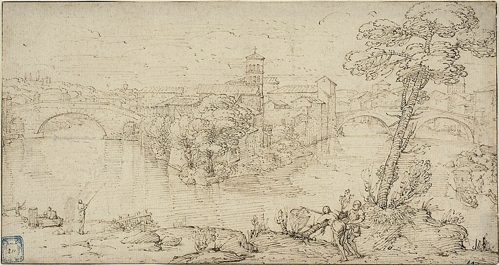 View of Isola Tiberina by Giovanni Francesco Grimaldi, drawing, 1626-1680