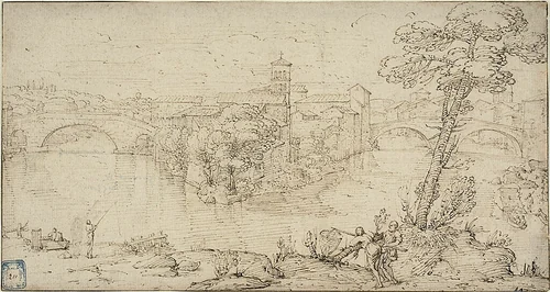 View of Isola Tiberina by Giovanni Francesco Grimaldi, drawing, 1626-1680