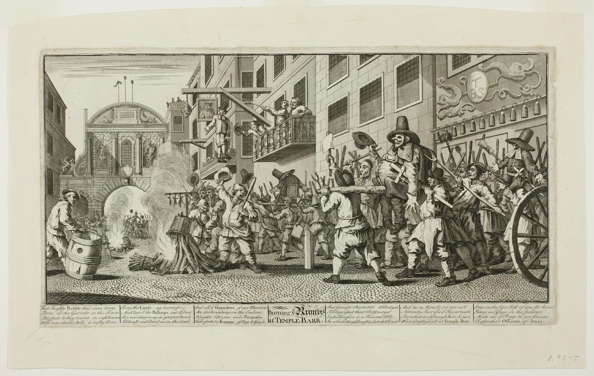 Burning the Rumps at Temple Bar, plate eleven from Hudibras by William Hogarth, print, 1725-1726