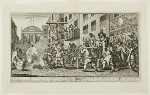 Burning the Rumps at Temple Bar, plate eleven from Hudibras by William Hogarth, print, 1725-1726