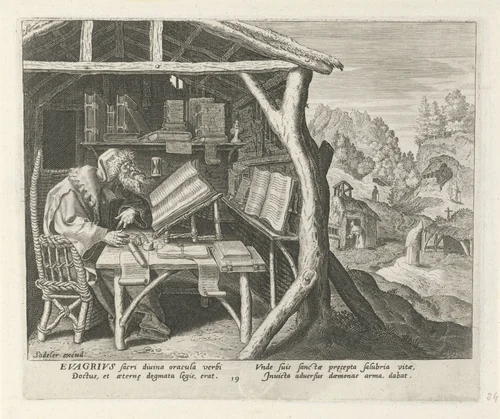 Evagrius Ponticus als kluizenaar by Johann Sadeler, print, 1583-1588