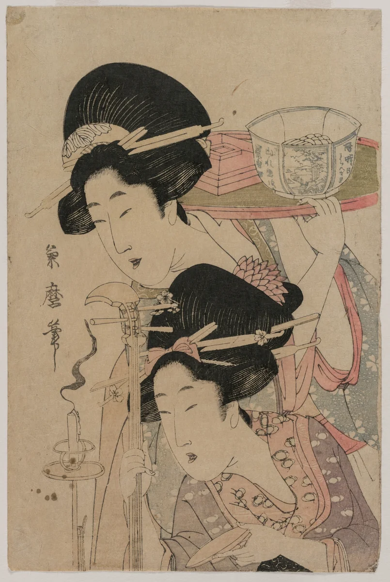 Two Geishas beside a Candle by Kitagawa Tsukimaro, print, 1803-1808