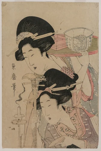 Two Geishas beside a Candle by Kitagawa Tsukimaro, print, 1803-1808