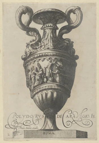 Plate 2: Two-handled vase with a nude figure on a pedestal at center, from "Antique Vases" (Vasa a Polydoro Caravagino) by Aegidius Sadeler II, print, 1605