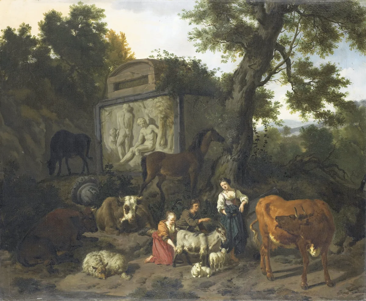 Landscape with Herdsmen and Cattle near a Tomb by Dirck van Bergen, painting, 1660-1690