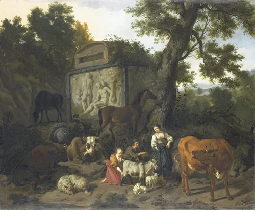 Landscape with Herdsmen and Cattle near a Tomb by Dirck van Bergen, painting, 1660-1690