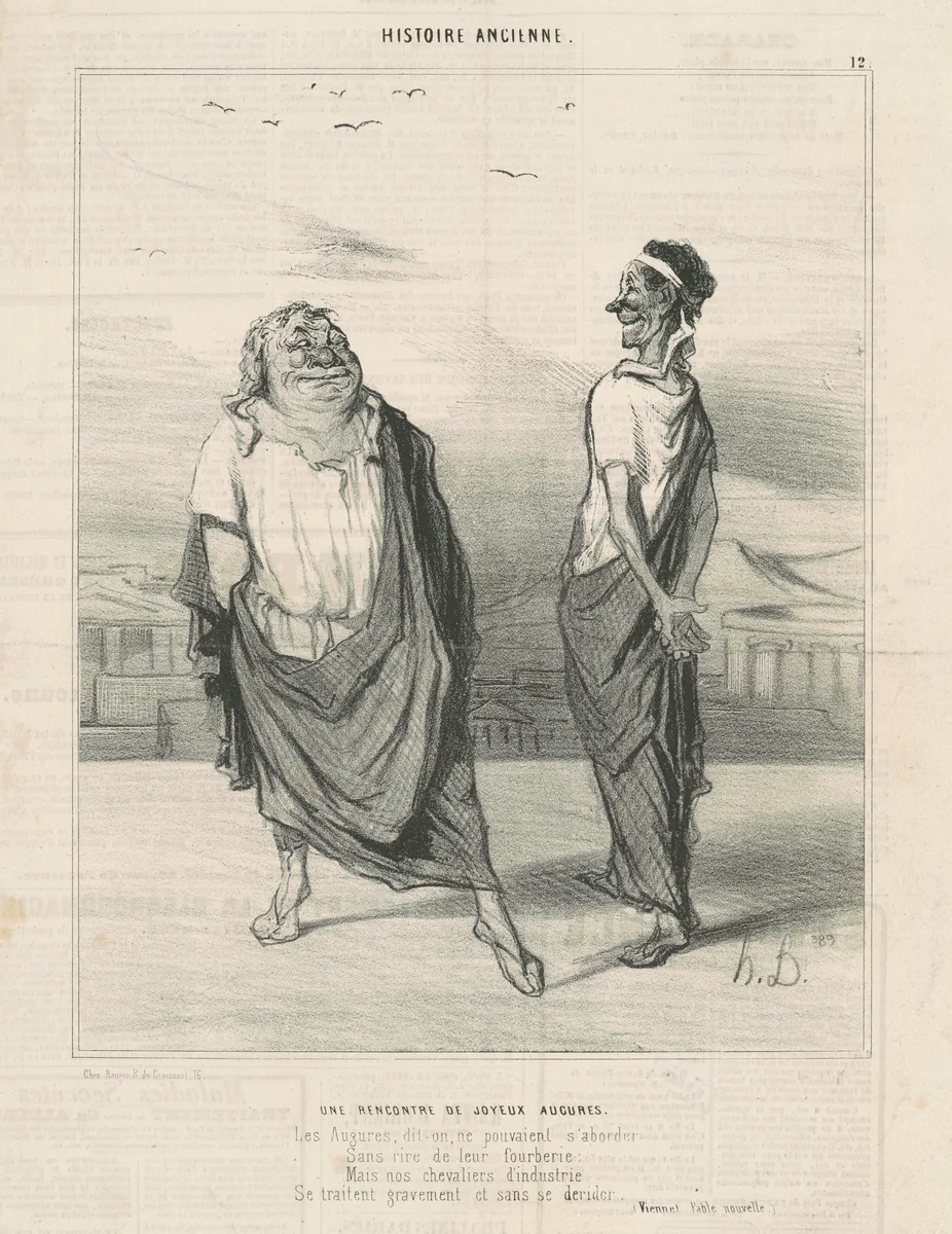 Une rencontre de jouyeauz augures by Honoré Daumier, print, 1842