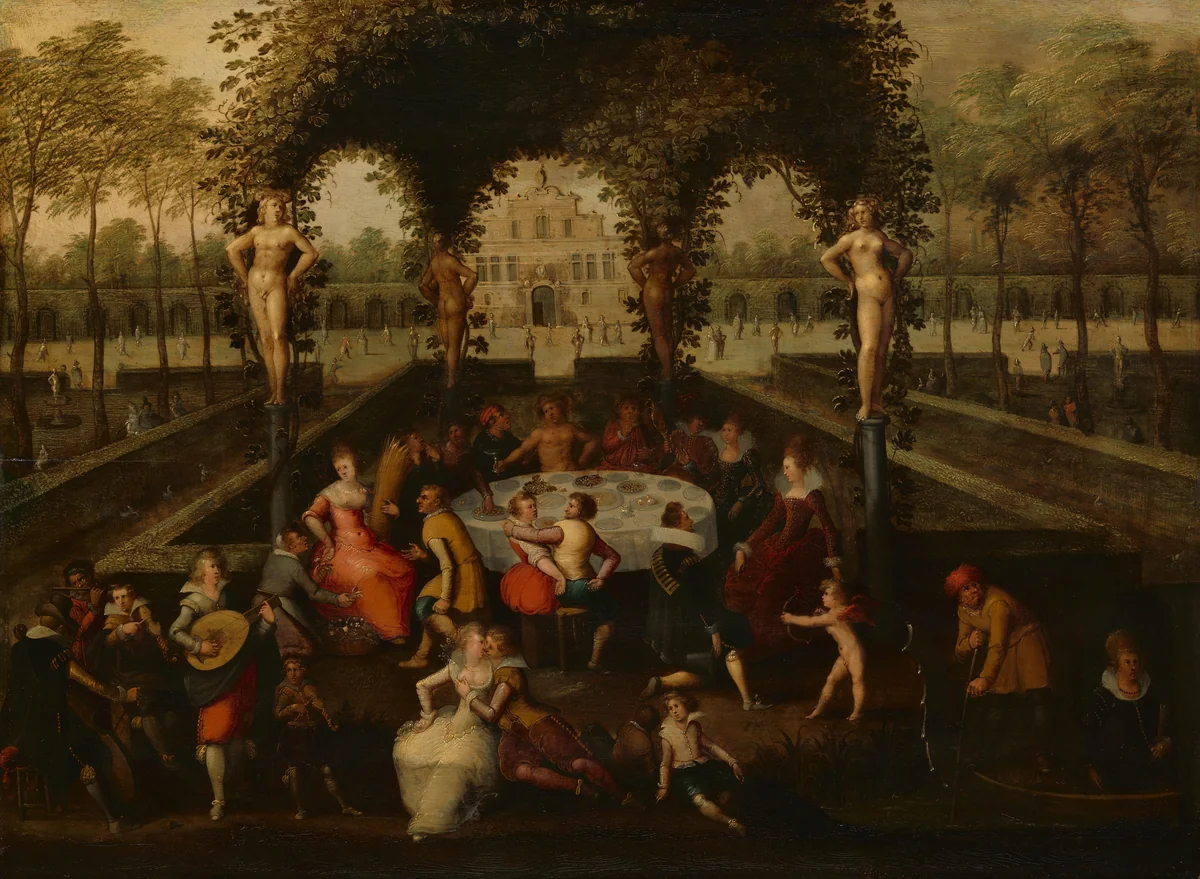 Venus, Bacchus and Ceres with Mortals in a Garden of Love by Louis de Caullery, painting, 1590-1621