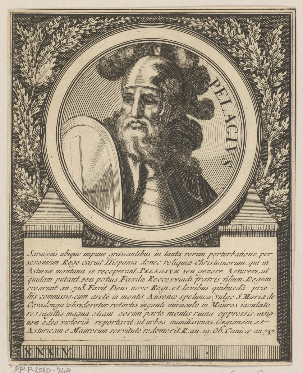 Portret van Pelagius, koning van Asturië by Jacques Blondeau, print, 1698