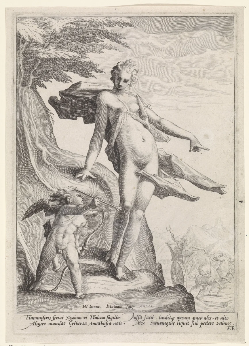 Venus laat Amor een pijl naar Pluto schieten by Unknown, print, 1590